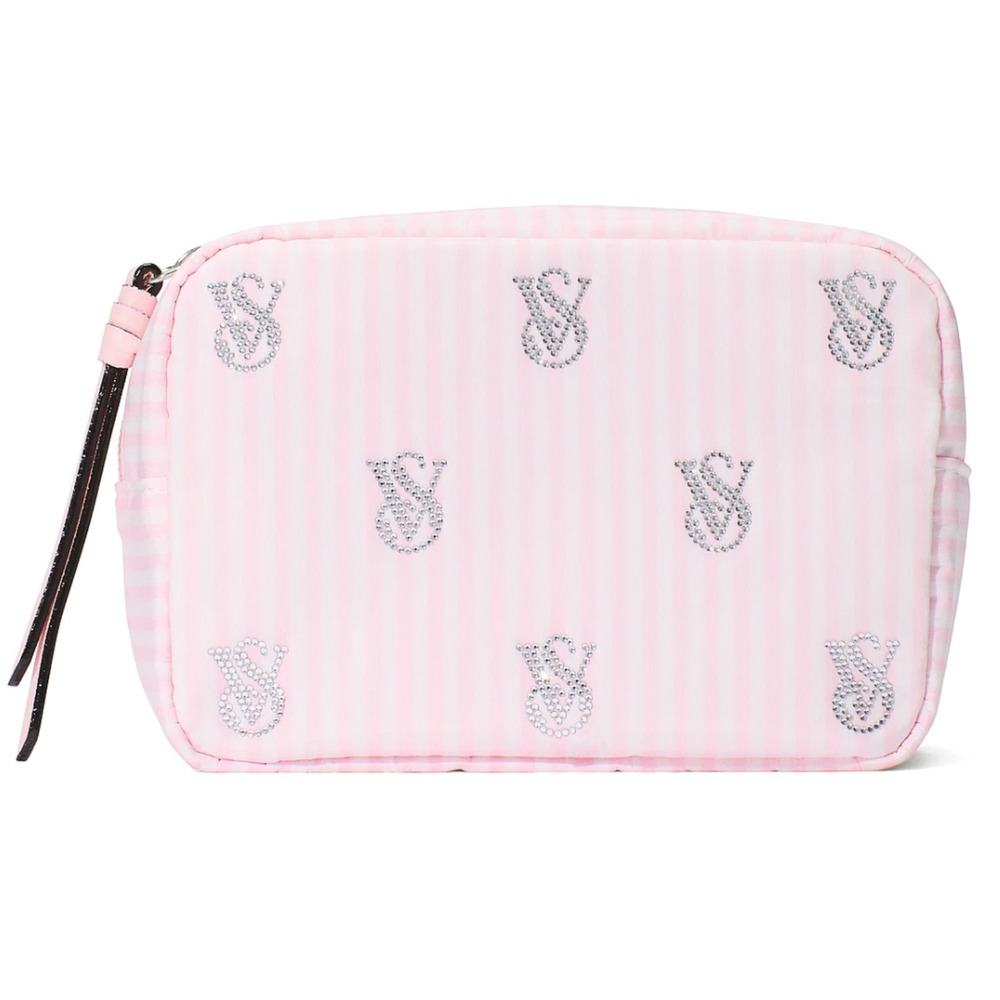 Victoria Secret Satin Makeup Bag White‎ Pink Stripe Shine Logo Travel Pouch NWT